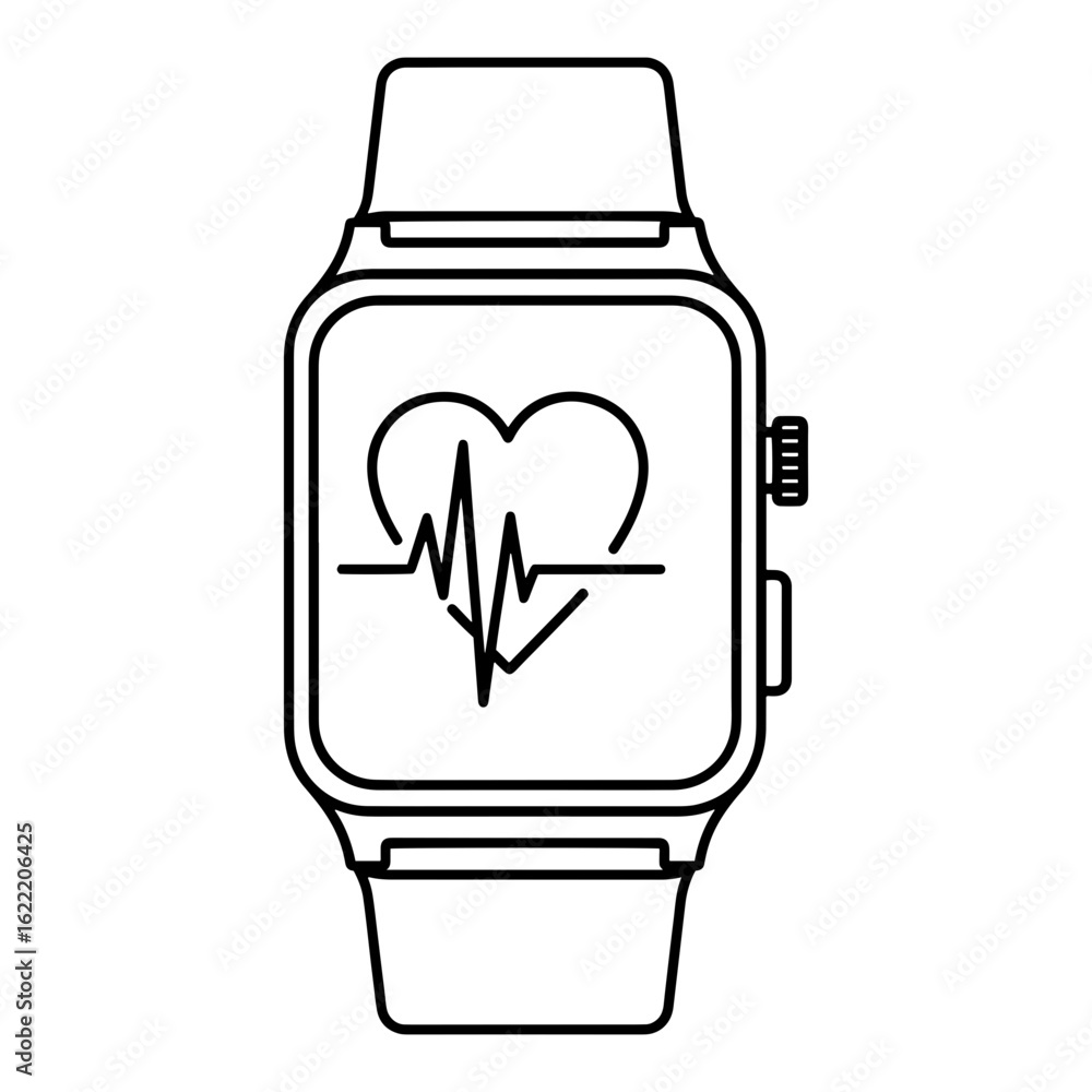 Poster smartwatch displaying a heart rate monitor with a heart shape outline