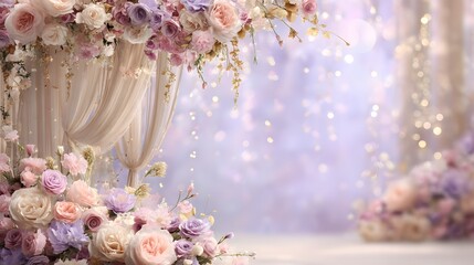 A dreamy engagement scene in a princess-themed pastel setting with a romantic floral arch in blush pink and lavender