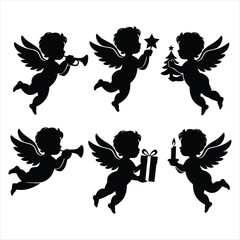 Black Silhouette Angels with Christmas Decorations and Instruments