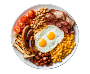 A delicious and hearty full english breakfast with fried eggs sausages bacon and beans transparent background