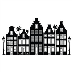 Black Silhouettes of Buildings Palm Trees and Street Lamps