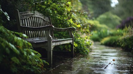 An empty wooden bench sits quietly along a wet garden path, surrounded by lush greenery glistening with fresh raindrops. The scene is set during a gentle rain shower