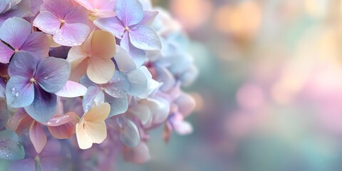 banner composition featuring blooming pastel hydrangea flowers in soft shades of baby blue, lavender, blush pink, and ivory