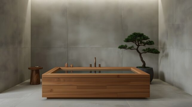 Luxurious japanese hinoki wood bathtub with bonsai tree accent