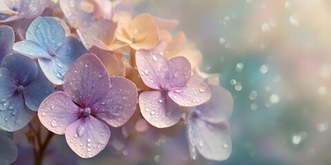 banner composition featuring blooming pastel hydrangea flowers in soft shades of baby blue, lavender, blush pink, and ivory