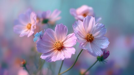 blooming cosmos flowers in soft pink, lilac, and white tones, with delicate translucent petals glowing in warm morning light