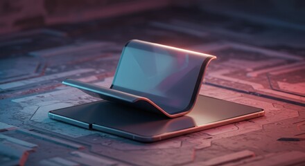 Futuristic Foldable Smartphone with Transparent Screen on Circuit Board in Neon Lighting