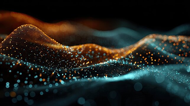 Abstract digital landscape of glowing orange and teal particles