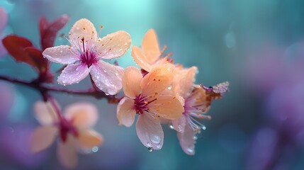 blooming pastel flowers with pink and peach tones, soft bokeh background in dreamy teal and violet hues, shallow depth of field