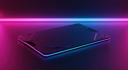Futuristic Gaming Laptop in Neon Pink and Blue Lights on Dark Surface
