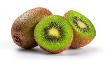 Fototapeta premium Kiwi fruit, whole and sliced, against white background