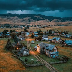 Rustic village at twilight under a stormy sky