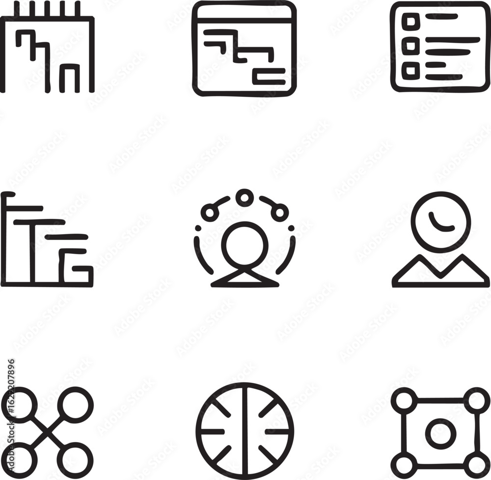 Poster data analysis vector icon set hand drawn style server,chart,list,growth,connection,user,network,glob