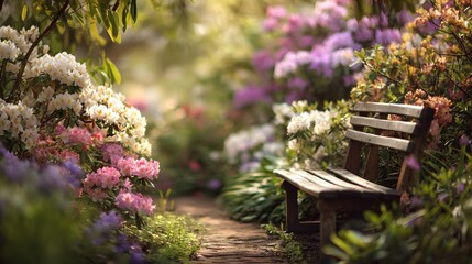 charming empty wooden bench sits peacefully along a garden path surrounded by fresh spring blooms