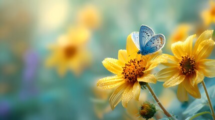 bright yellow sunflowers in full bloom, glowing under warm morning sunlight. Tiny water droplets shimmer on the petals