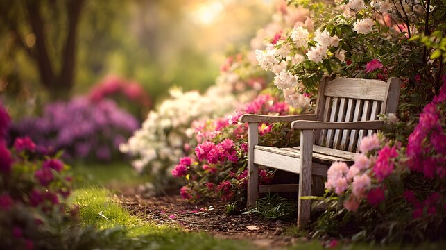 charming empty wooden bench sits peacefully along a garden path surrounded by fresh spring blooms