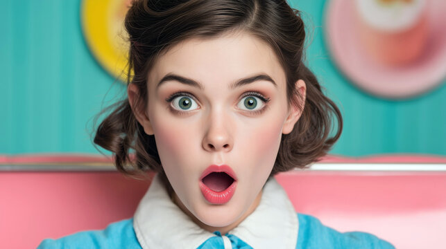 Surprised woman expressing joyful excitement.