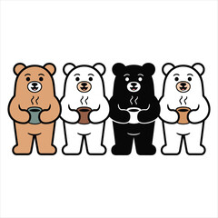 Four Cartoon Bears Holding Coffee Cups illustration