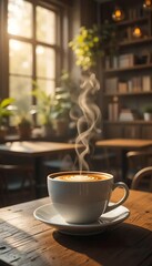 Fototapeta premium A warm cup of coffee placed on a wooden table in a cozy cafe, illuminated by soft morning light streaming through a nearby window