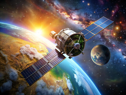 Satellite orbiting earth with sun rising over horizon and another planet visible