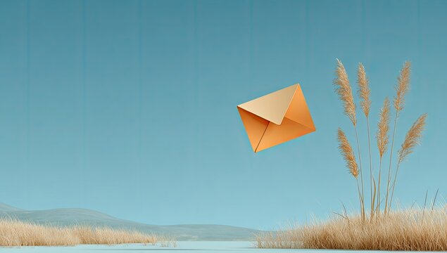 A pastel, serene landscape with a floating envelope