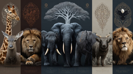 Animals. Vector flat illustrations of giraffe, elephant, monkey, tiger, lion, zebra, eagle, tree, savanna. African flora and fauna drawings for poster or background