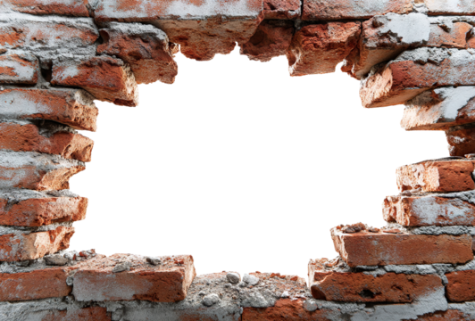 Broken red brick wall with hole and copyspace, isolated on transparent cutout background