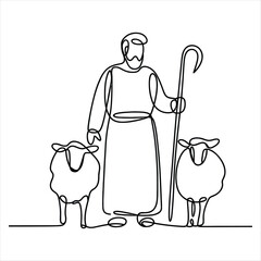 Shepherd with Staff and Two Sheep One Line Drawing