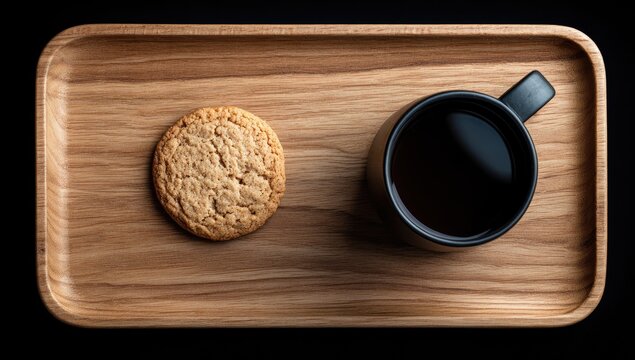 A light-brown wooden tray holds a round oatmeal cookie and a dark mug of coffee
