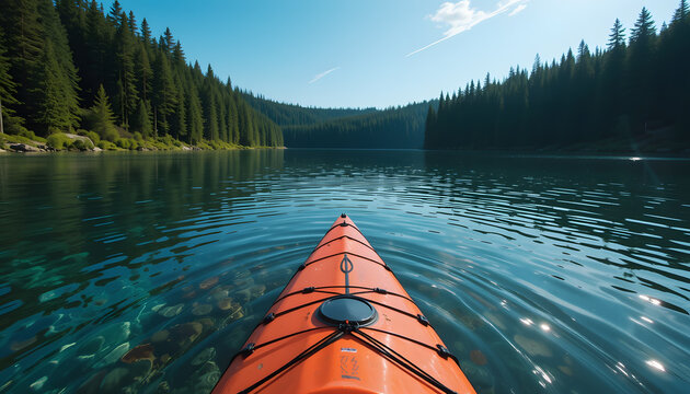 An orange kayak glides across a pristine, clear lake surrounded by dense green forest under a bright blue sky. - Powered by Adobe