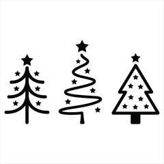 Three Black Christmas Tree Icons with Stars on White Background