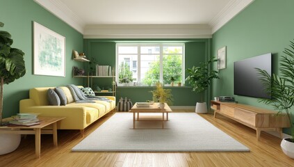 Fototapeta premium Cozy living room with yellow sofa, green walls, and natural light