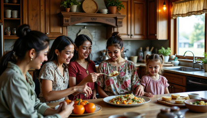 Family gathering enjoying homemade food cozy kitchen photo warm atmosphere close-up togetherness