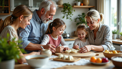 Family baking together at home cooking activity cozy kitchen warm atmosphere family bonding concept