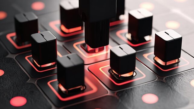 Square black knobs are positioned on a dark surface with red LED lighting showcasing a modern and technical aesthetic