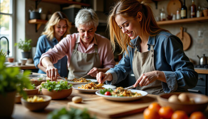 Family cooking together cozy kitchen food preparation warm atmosphere close-up view culinary bonding