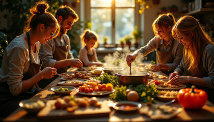 Family cooking together in a cozy kitchen preparing delicious meals with fresh ingredients warm atmosphere