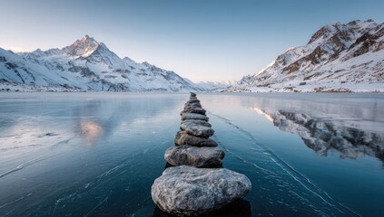 Frozen lake, stacked stones, mountain range