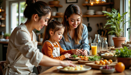 Cooking together family bonding over healthy food preparation in a cozy kitchen environment