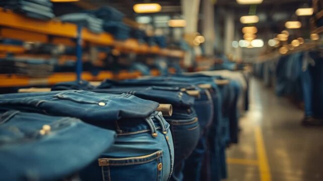 Clothing store displays rows of denim jeans on racks in a retail environment