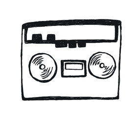 Hand drawn punk rock doodle. Musical tape recorder. Tattoo crayon sketch, grafitti icon, sticker, scribble for poster, disco party, retro podcast. Grunge music audio element. Isolated vector illustrat
