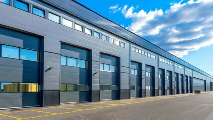 Modern industrial warehouse with large loading bays and clear blue sky - Powered by Adobe
