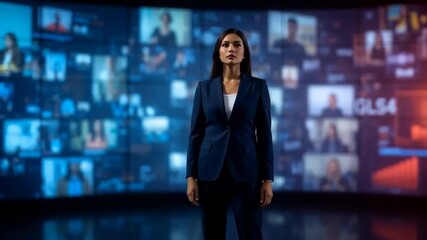 A confident professional woman stands with her arms crossed in front of a wall of digital screens displaying various images and data. - Powered by Adobe