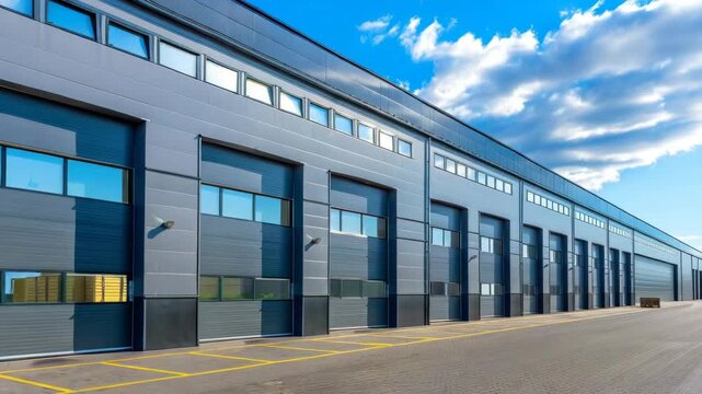Modern industrial warehouse with large loading bays and clear blue sky