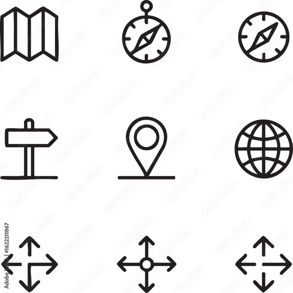 Poster location and navigation vector icon set outline style map,compass,direction sign,location pin,globe,