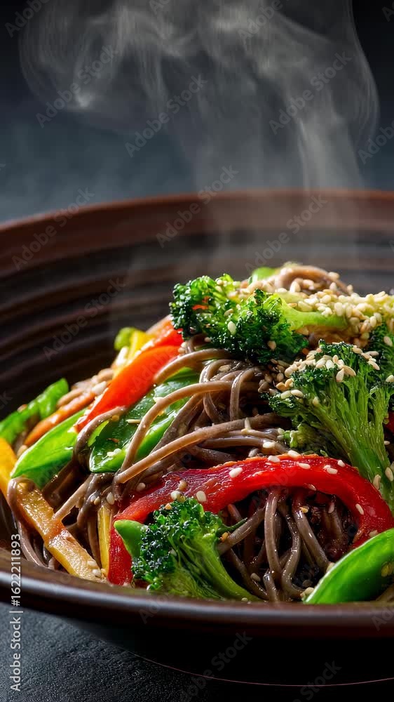 Aufkleber closeup of a steaming bowl of soba noodles intermingled with an array of bright steamed vegetables s