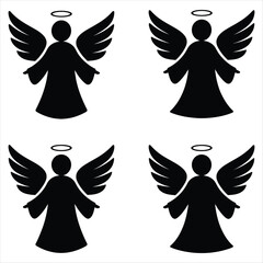 Black Angel Silhouettes with Wings and Halos on White Background