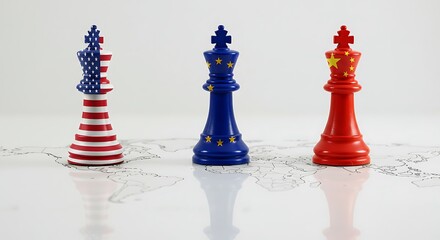 Fototapeta premium Global competition concept featuring chess pieces with flags of USA EU China