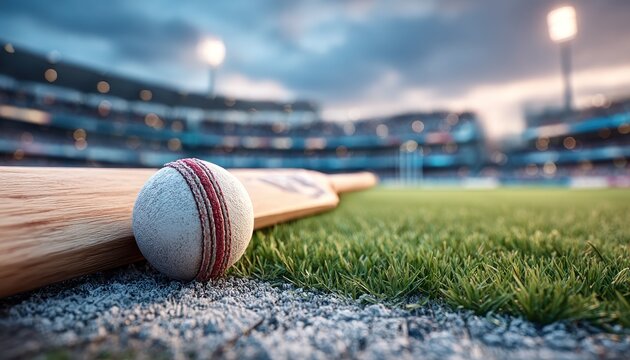 Cricket ball and bat on a field at sunset