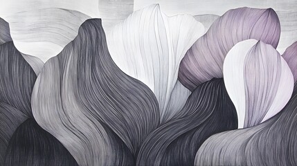Abstract Monochrome Floral Art,  Gray Scale Line Drawing of  Petals and Waves